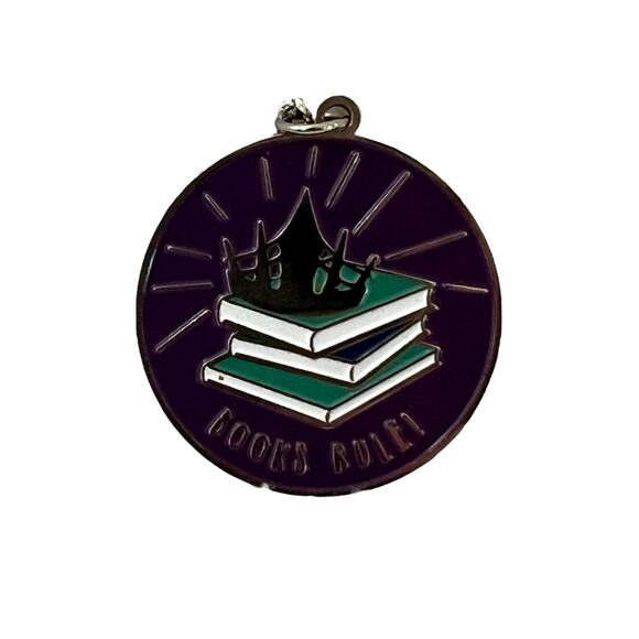 Books Rule! Keychain - Circular Pendant Stack of Books Crown - Picture 5 of 10